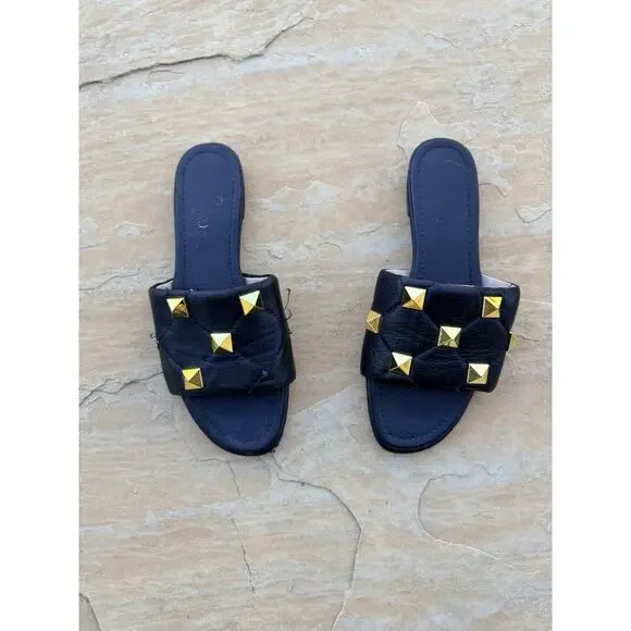 Valentino Garavani Roman Stud Matelasse Slide Sandals Black 40 - Picture 1 of 8